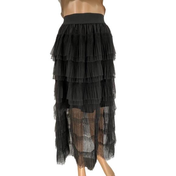 Elan Black Tiered Tulle Skirt Size L Layered Sheer Midi Romantic Boho Festival - Picture 1 of 6